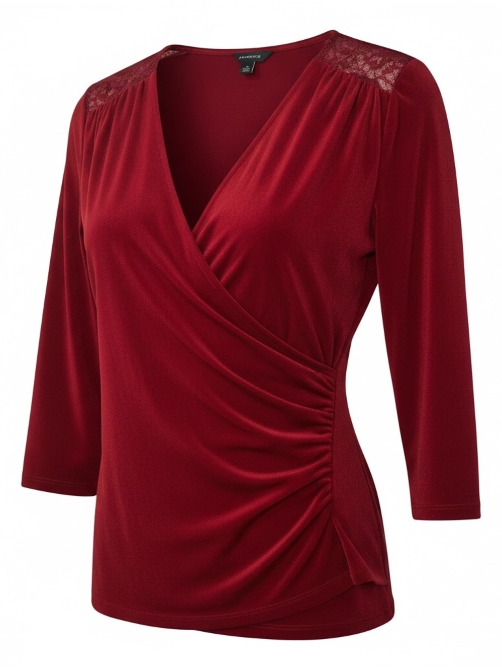 Ann Taylor Burgundy Faux Wrap Lace Shoulder Top – Medium – EUC